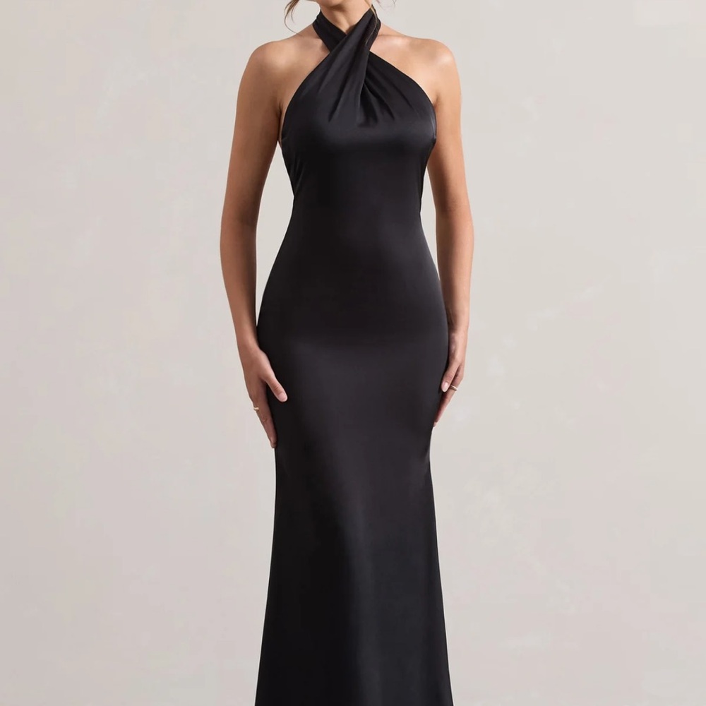 Club L London Black Satin Cross Over Halter Neck Maxi Dress